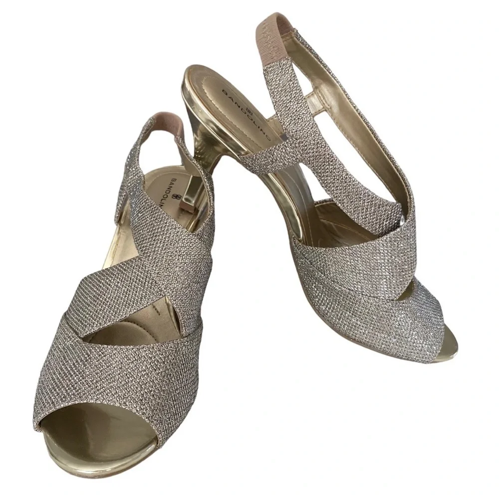 BANDOLINO Malorie Slingback Heels Wish Bone Peep Toe Gold Sparkle Women Size 8